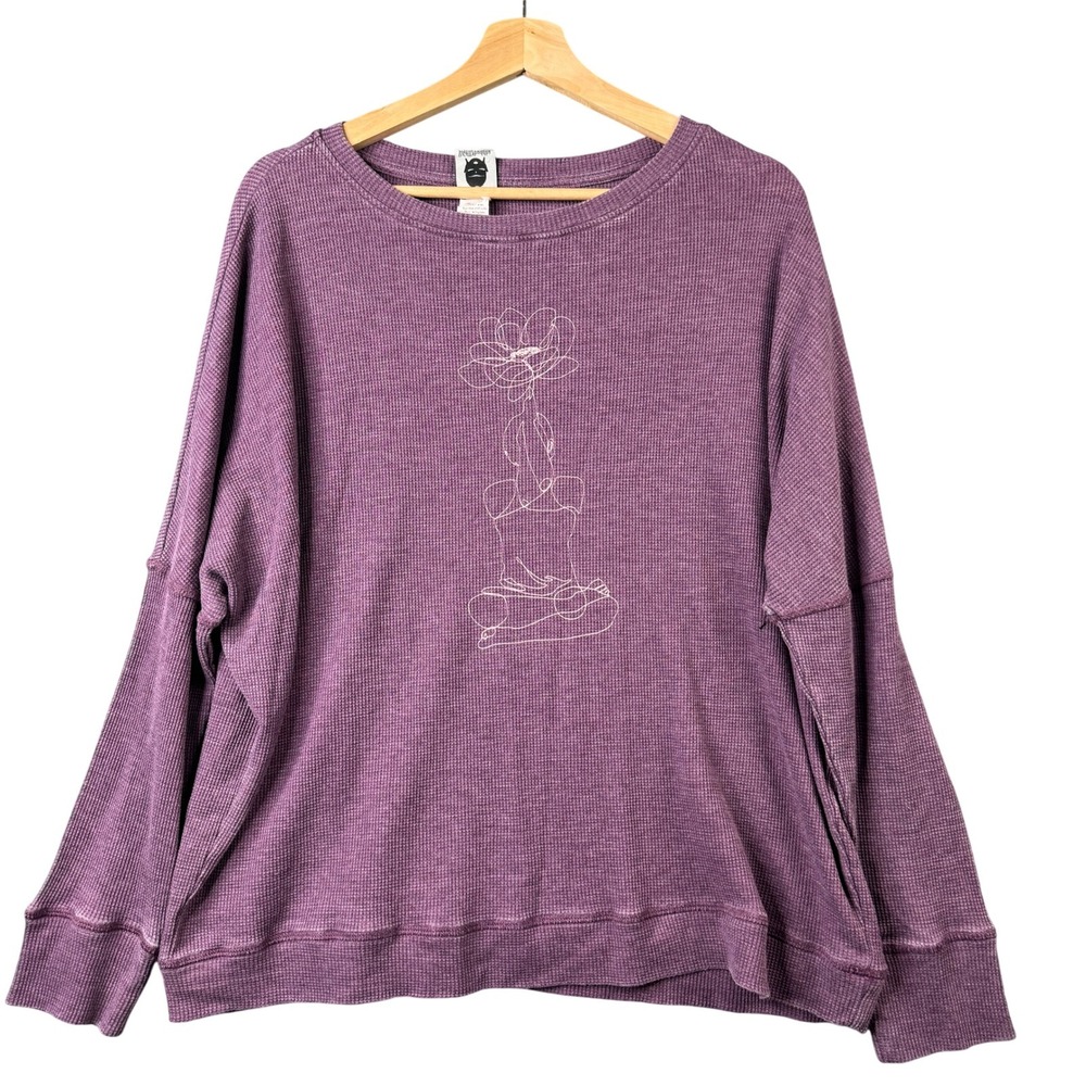 Slightly Buddha Purple Waffle Knit Pullover Graphic Sweatshirt One Size Cotton